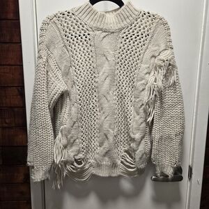 Women’s Cream Fringe Cable-Knit Sweater